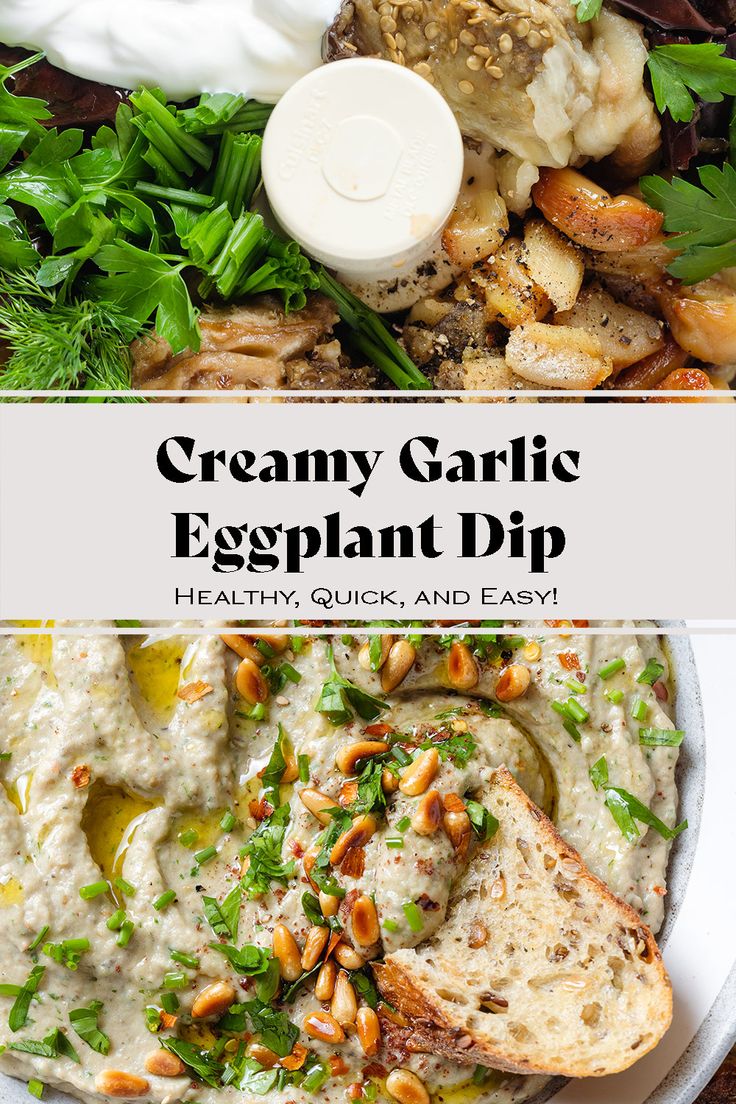 creamy garlic eggplant dip in a bowl with bread and vegetables