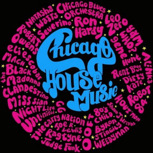 the chicago house music logo in pink and blue on a black background with stars around it