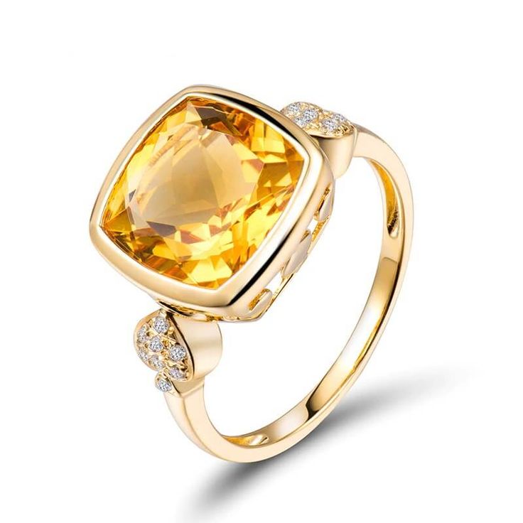 Classic Cushion Citrine Ring with Diamond Accents Citrine Engagement Rings, Engagement Rings Cushion Cut, Engagement Ring Types, Yellow Citrine Ring, Citrine Ring Engagement, Australian Opal Pendant, Emerald Ring Gold, Engagement Rings Cushion, Bezel Set Ring