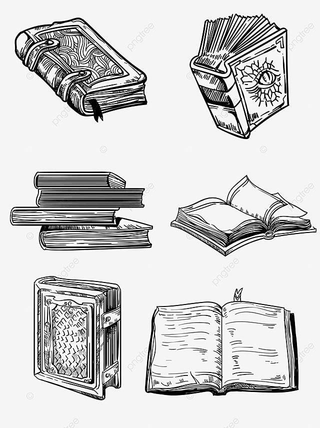 an open book and several other books on a white background, hand drawn, line drawing,