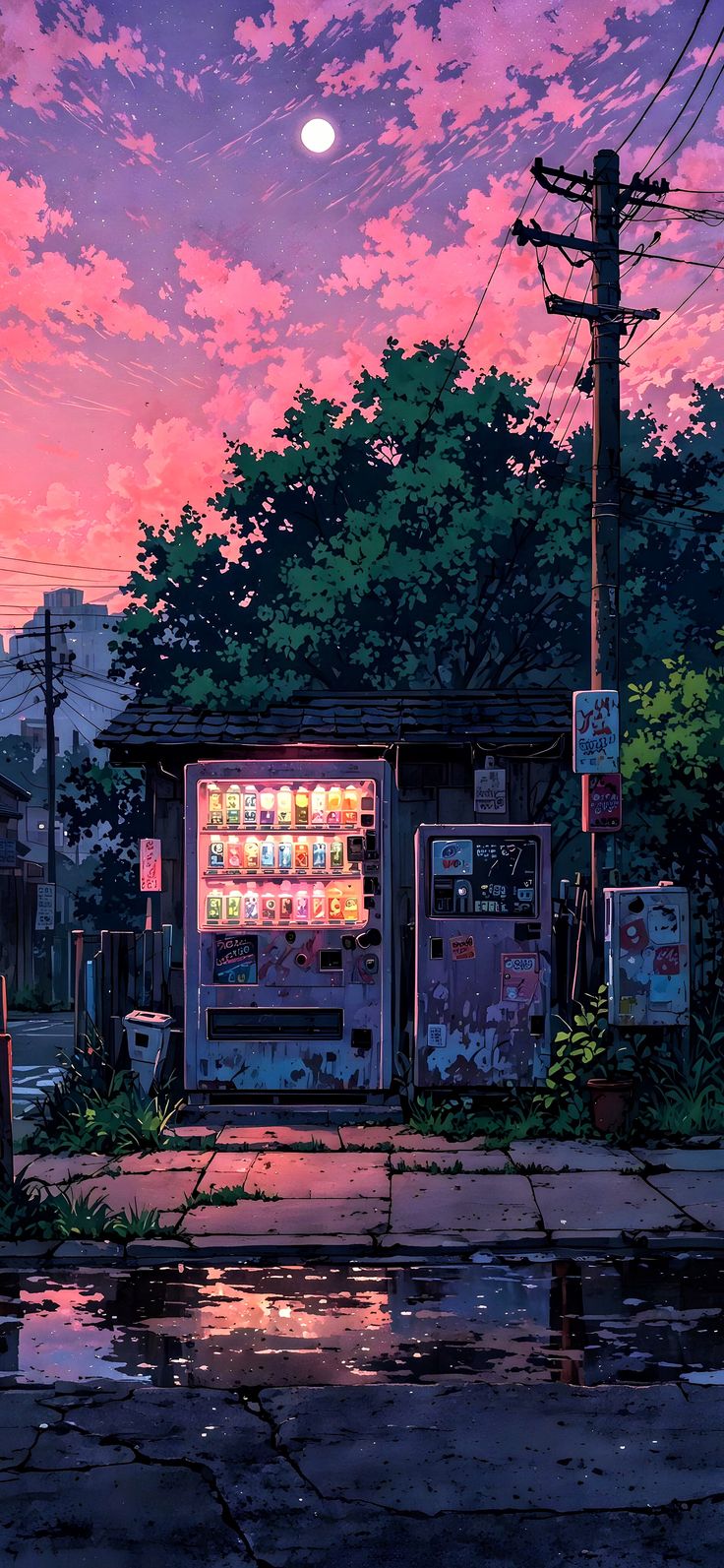 an image of a vending machine on the street at sunset or dawn with trees and buildings in the background