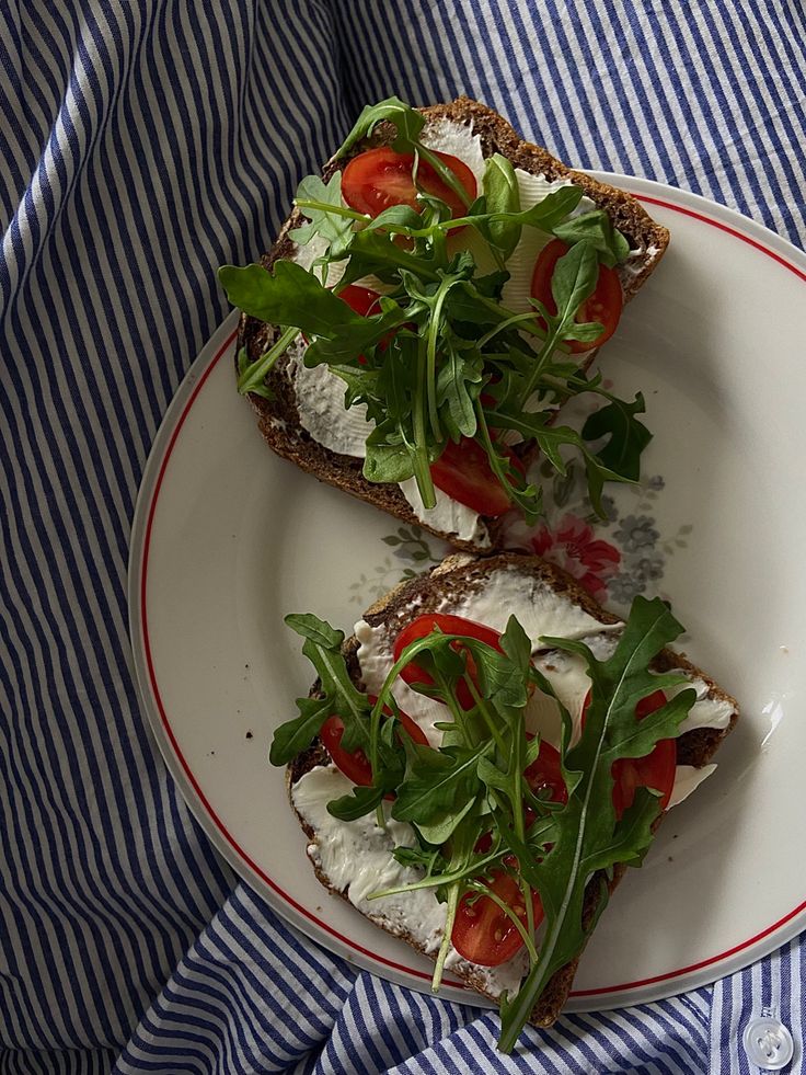 two slices of bread with tomatoes, cheese and arugula