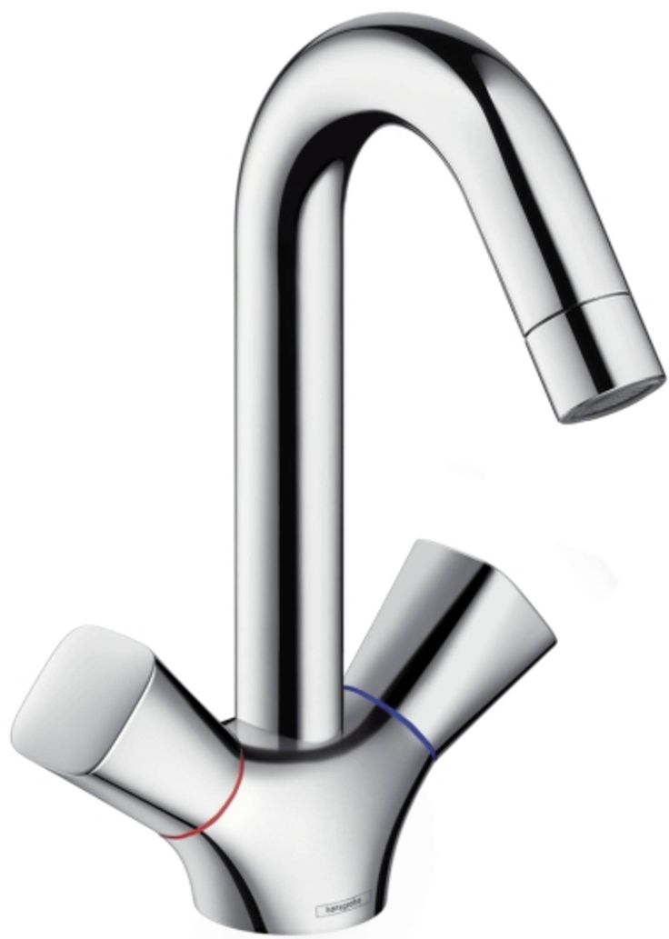 a chrome faucet on a white background with the water running from it's spout