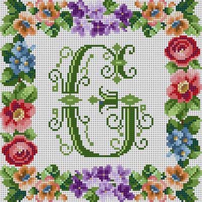 a cross stitch pattern with flowers and the letter j in it's center, on a white background