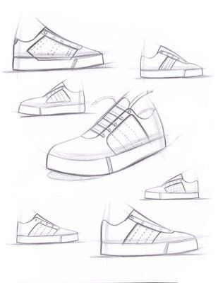 sketches of different types of shoes for men and women, all in various positions to be drawn