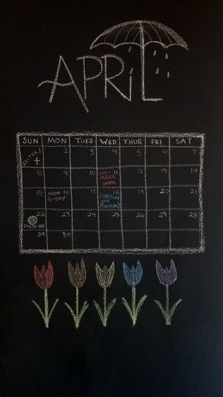 a chalkboard calendar with tulips and an umbrella drawn on it