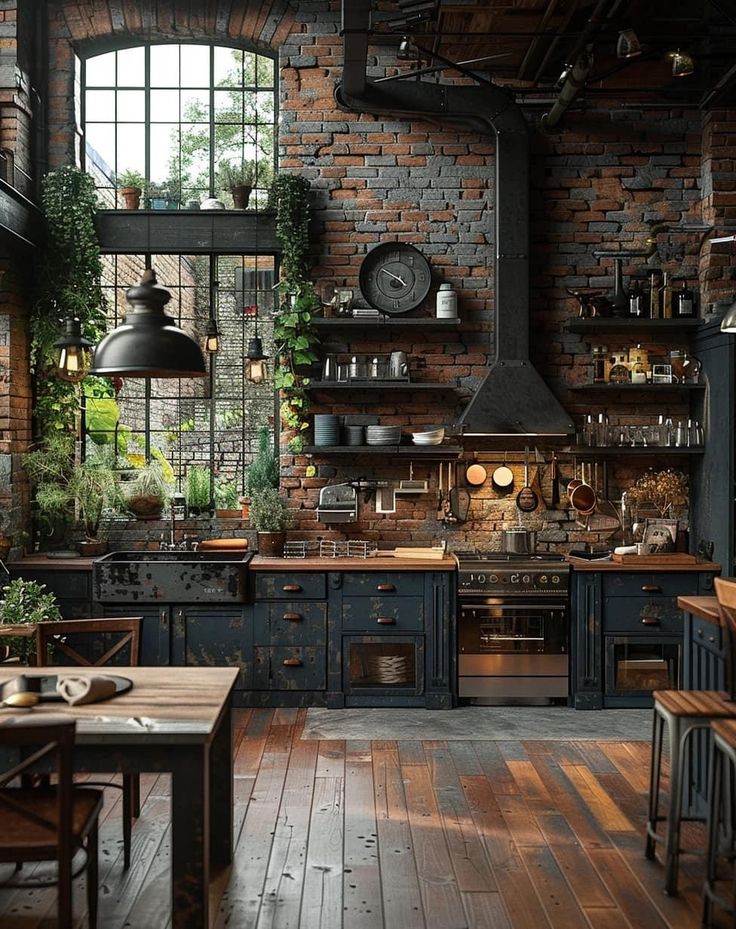 an industrial style kitchen with exposed brick walls and wooden flooring, surrounded by potted plants