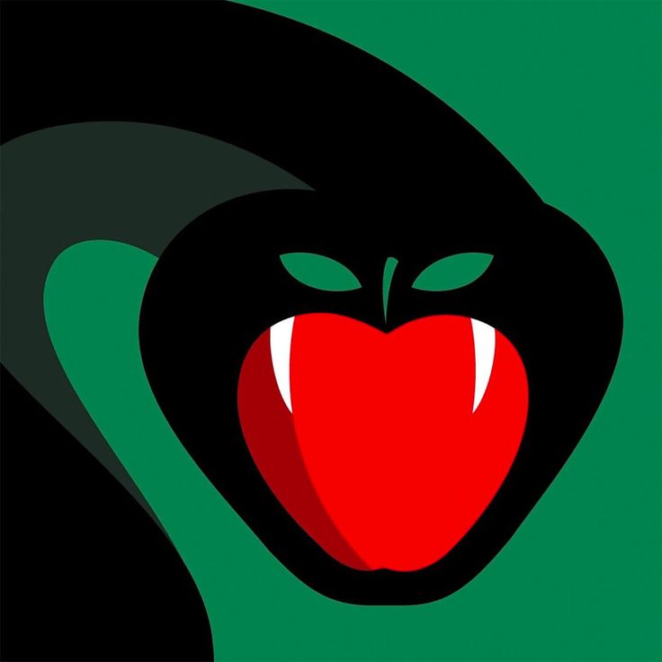 an apple with its mouth open in the shape of a snake's head, on a green background