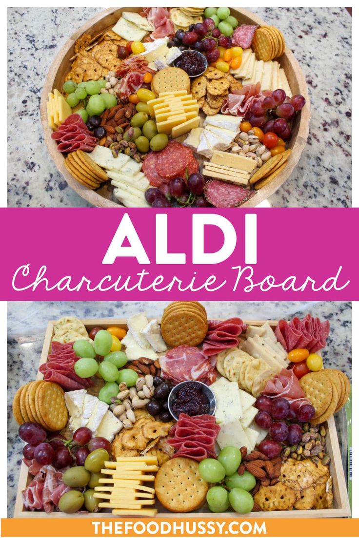 an assortment of cheeses, crackers and grapes in a wooden tray with the words aldi written above it