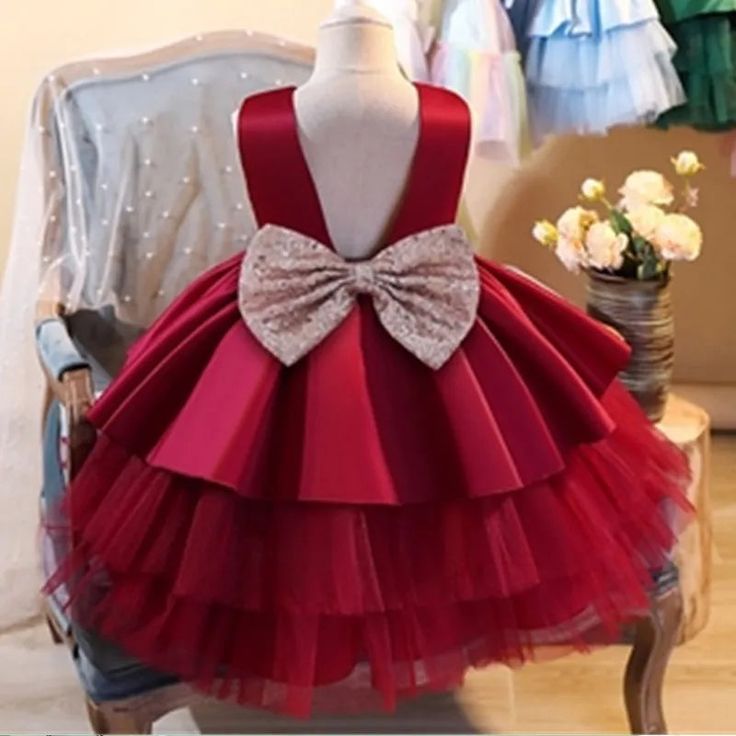 Red Dresses For Girls, Princess Dress Red, 1st Birthday Girl Dress, Dresses Patterns, Red Christmas Dress, Girl Red Dress