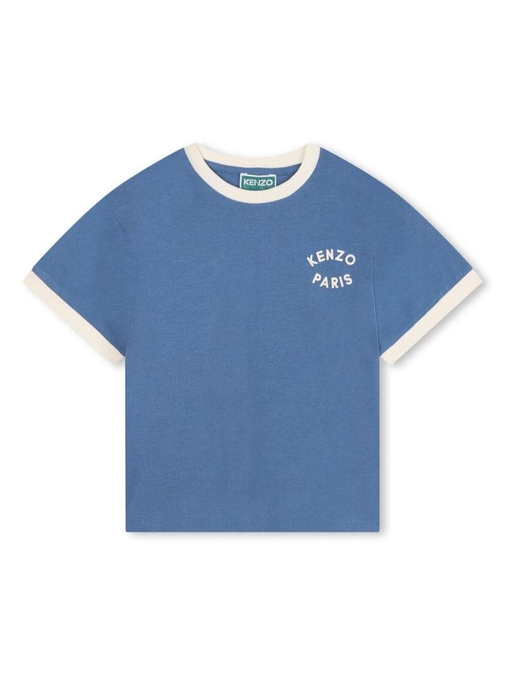 cornflower blue/multicolour cotton jersey texture logo print at the chest graphic print to the rear contrasting trim crew neck short sleeves straight hem Texture Logo, Dress With Jean Jacket, Baby Boy Accessories, Gucci Kids, Dolce And Gabbana Kids, Contrasting Trim, Kenzo Kids, Stella Mccartney Kids, Boys Top