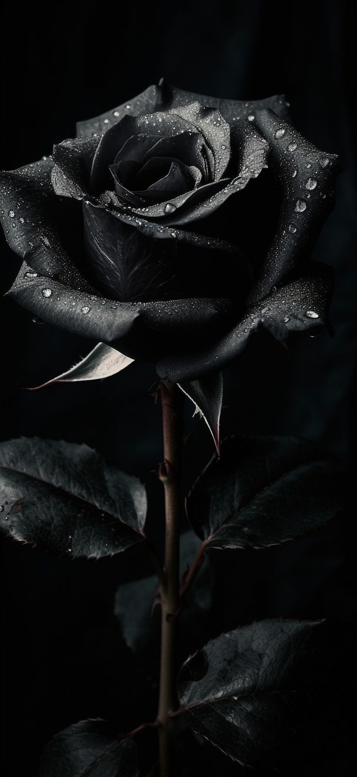 a single black rose with water droplets on it's petals and leaves in front of a dark background