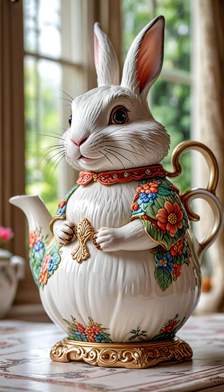 a white rabbit figurine sitting on top of a table next to a window