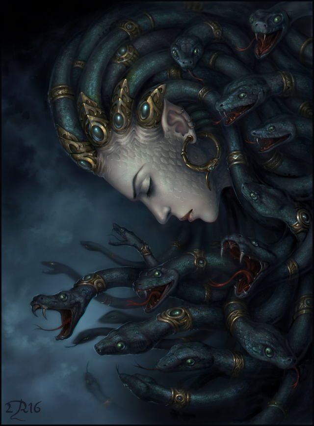 a woman is surrounded by many snakes in her hair and eyes, with one eye open