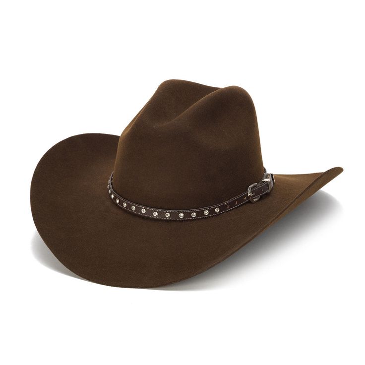 The MAYBELLE Stampede Collection brings classic style and elegance to the wild, western lifestyle. Crafted from genuine leather, this hat is detailed with mini studs and a metal strap for added flare. For comfort and durability, the hat is lined with wool felt, a 4 inch brim providing the perfect amount of sun protection and style. Winter Leather Felt Hat For Western-themed Events, Western Wool Hat Bands For Ranch, Western Riding Hats For Winter, Western Brown Fur Felt Hat Bands, Western Style Fur Felt Hat For Rodeo, Western Style Brown Fur Felt Hat Bands, Western Wool Hat Bands For Rodeo, Western Brown Fur Felt Hat, Country Style Fur Felt Hat For Rodeo