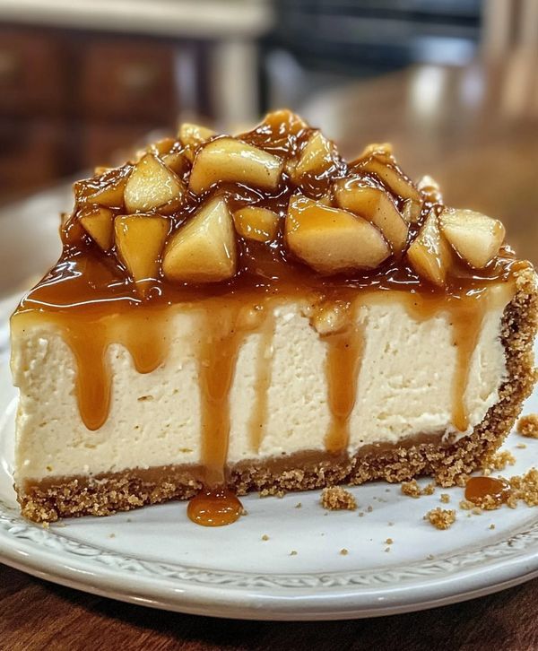 a piece of cheesecake with caramel topping on a plate