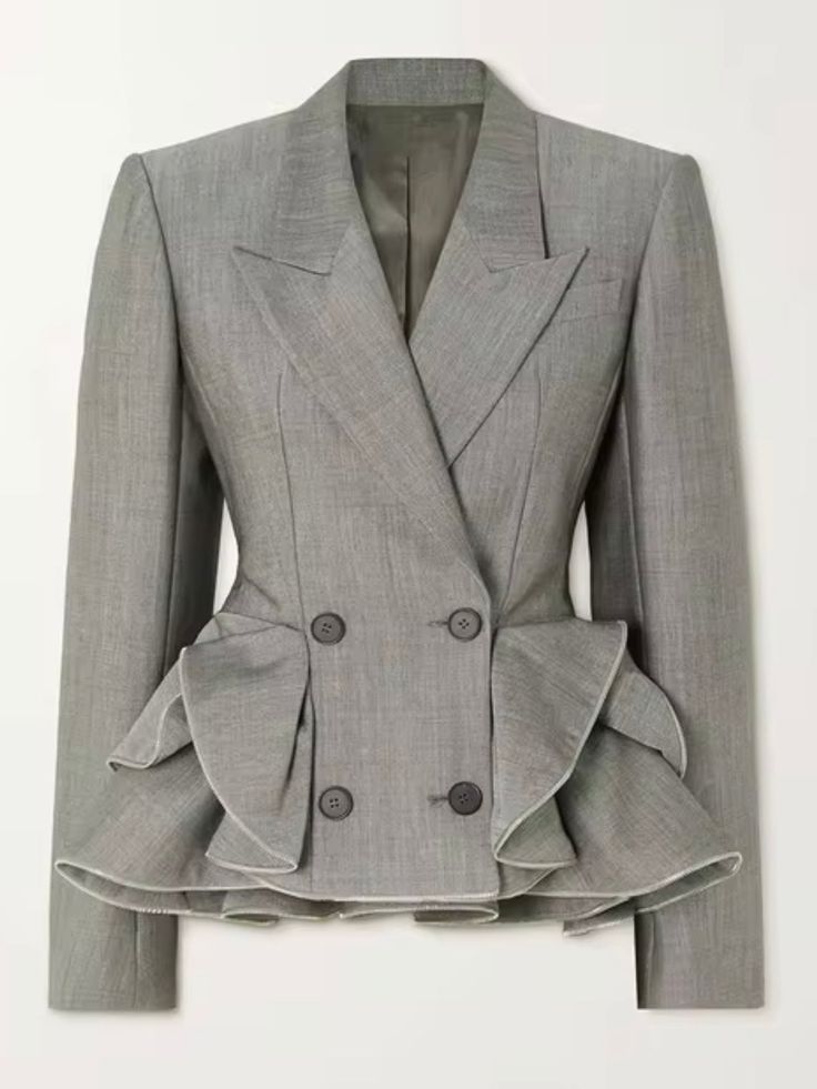 Casual and elegant look. Perfect for office. Fully lined. To combine with Jeans, skirts and leggings. Breathable cotton and polyester summer fabric. Ruffled detail. Color may be lighter or darker depending of the device it is displayed. Alexander Mcqueen Jacket, Alexander Mcqueen Clothing, Peplum Blazer, Elegant Jacket, Corporate Fashion, Womens Jackets Casual, Wide Pants, Double Breasted Blazer, Blazer Buttons