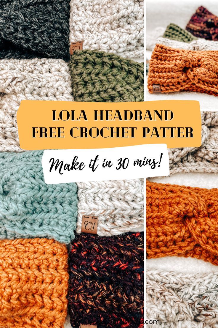 the lola headband crochet pattern is shown in different colors and sizes