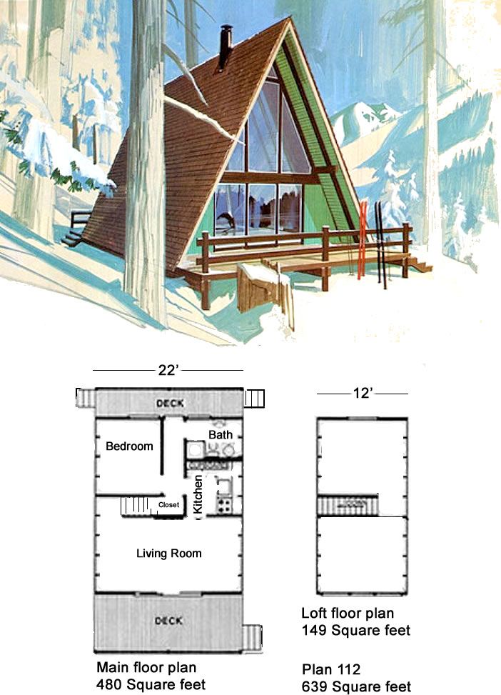 an image of a small cabin in the woods with floor plans and elevation views for each room