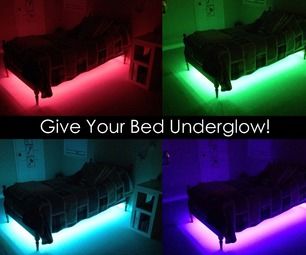 four different images of a bed with lights in the room and below it, give your bed underglow