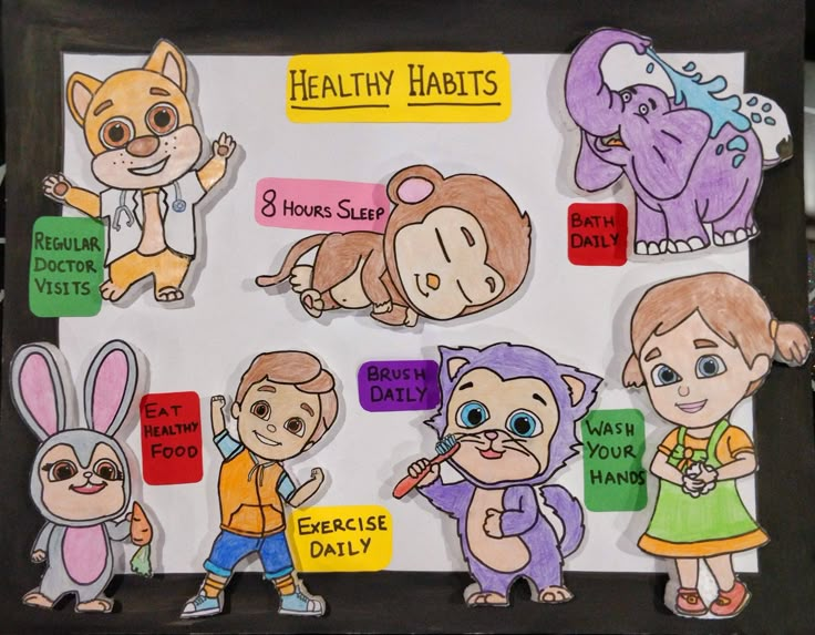 an image of children's healthy habit chart with animals and humans on the board