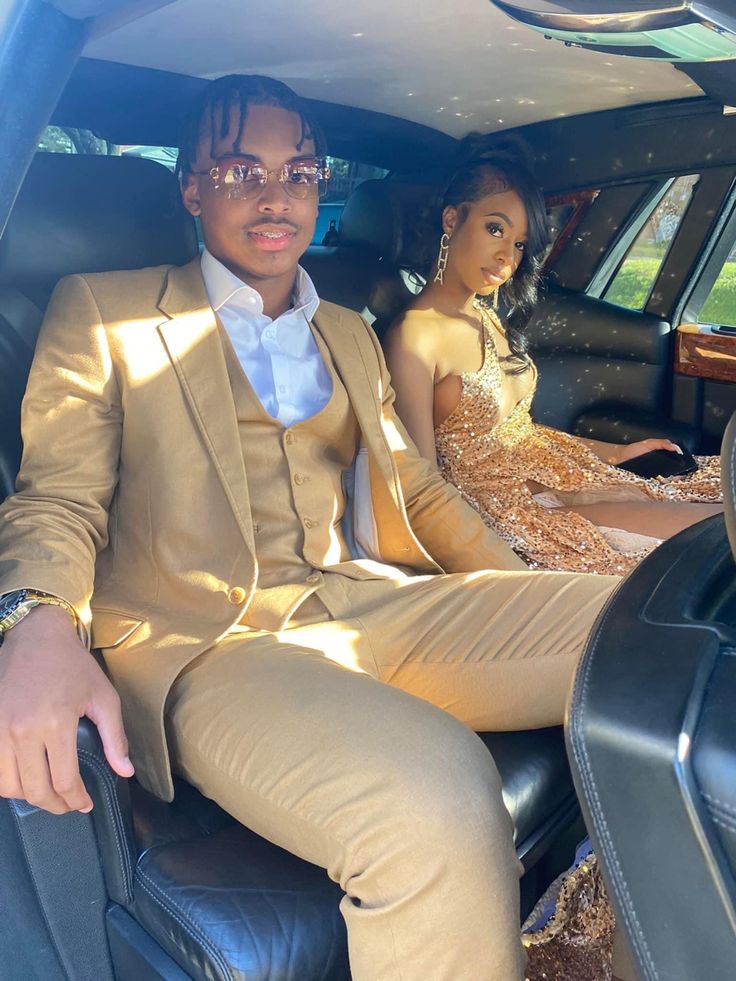 Junior Prom Dresses 2023, Gold Suit Prom, Gold Homecoming Couple, Old Money Prom Theme, Homecoming Colors For Couples, Gold Prom Dress Couple, Brown Prom Suit, Prom Couples Outfits Matching, Jr Prom Dresses