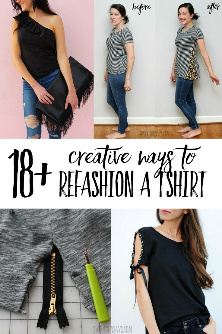 Check out a big list of creative ways to refashion a tshirt! Tutorials included, making these great beginner sewing ideas for making over an old shirt. Includes no sew tshirt refashions and sewing tips. #refashion How To Refashion A T Shirt, How To Alter Tee Shirts, Refashion Tee Shirts Ideas, Alter T Shirts Ideas, How To Restyle A Tshirt, Refashioned Tshirt Diy Upcycle, Upcycled Tee Shirts Ideas, T Shirt Transformation Diy, Upcycle Tee Shirts Diy