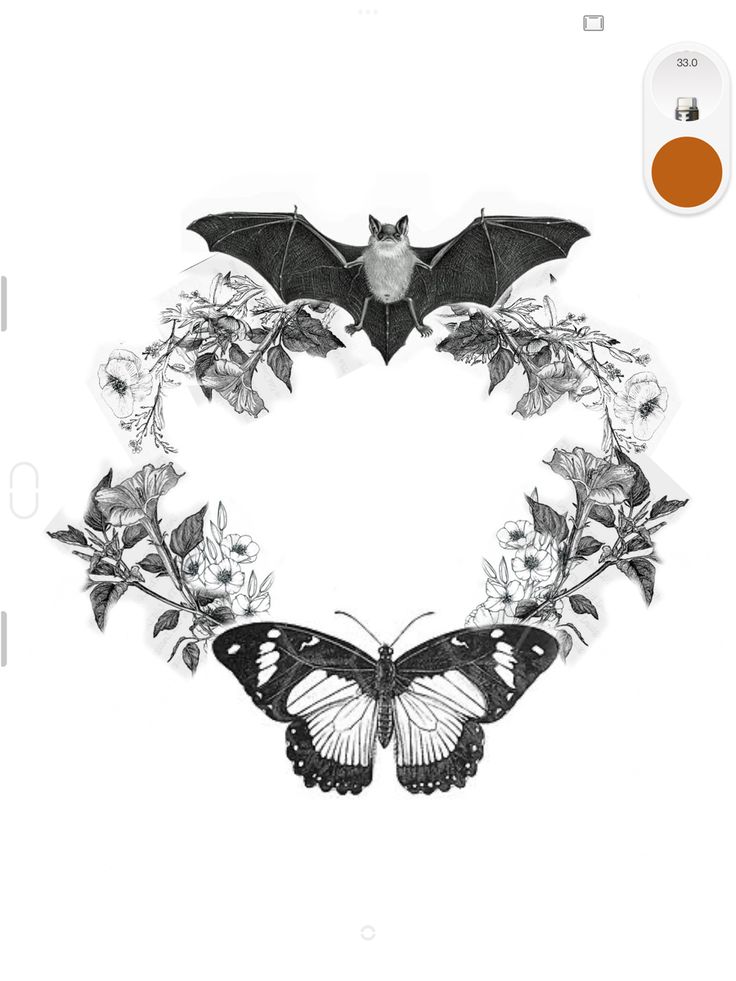 a black and white photo of a butterfly with flowers in the shape of a heart