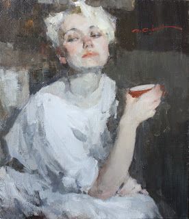 a painting of a woman holding a cup in her hand and wearing a white dress