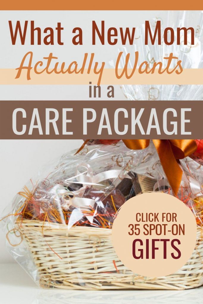 a basket full of care packages with the words, what a new mom actually wants in a care package