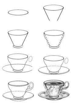 coffee cups and saucers are shown in this drawing