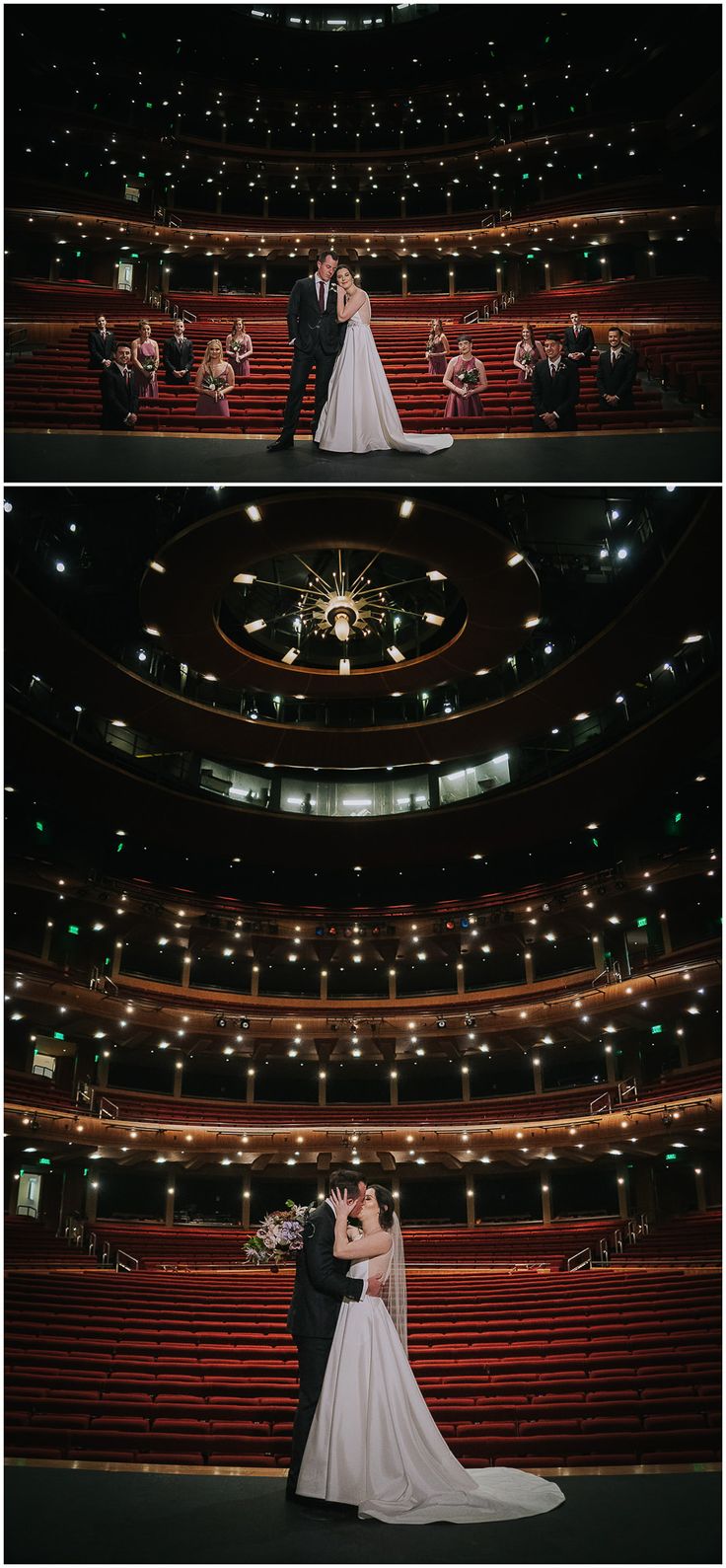 the bride and groom are standing in front of an auditorium full of red seats at their wedding