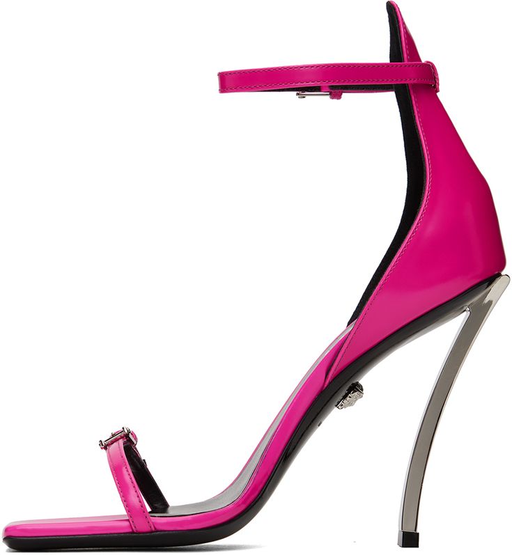 Polished calfskin heeled sandals in pink. · Open square toe · Pin-buckle strap at vamp and ankle · Logo stamp at padded lambskin footbed · Metal stiletto heel with rubber injection · Calfskin sole · Logo-engraved silver-tone hardware · Heel: H4.25 in Supplier color: Hot pink/Pall Pink Luxury Heels With Single Toe Strap, Designer Square Toe Heels With Buckle Closure, Designer Heels With Buckle Closure And Square Toe, Luxury Pink Heels With Buckle Closure, Pink Pointed Toe Sandals With Buckle, Luxury Open Heel Heels With Buckle Closure, Luxury Square Toe Heels With Heel Strap, Luxury Heels With Heel Strap And Square Toe, Luxury Pink Ankle Strap Sandals