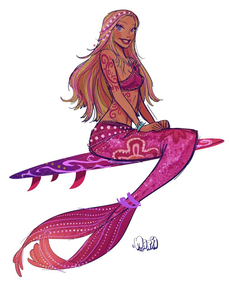 a drawing of a mermaid sitting on top of a surfboard with her legs spread out