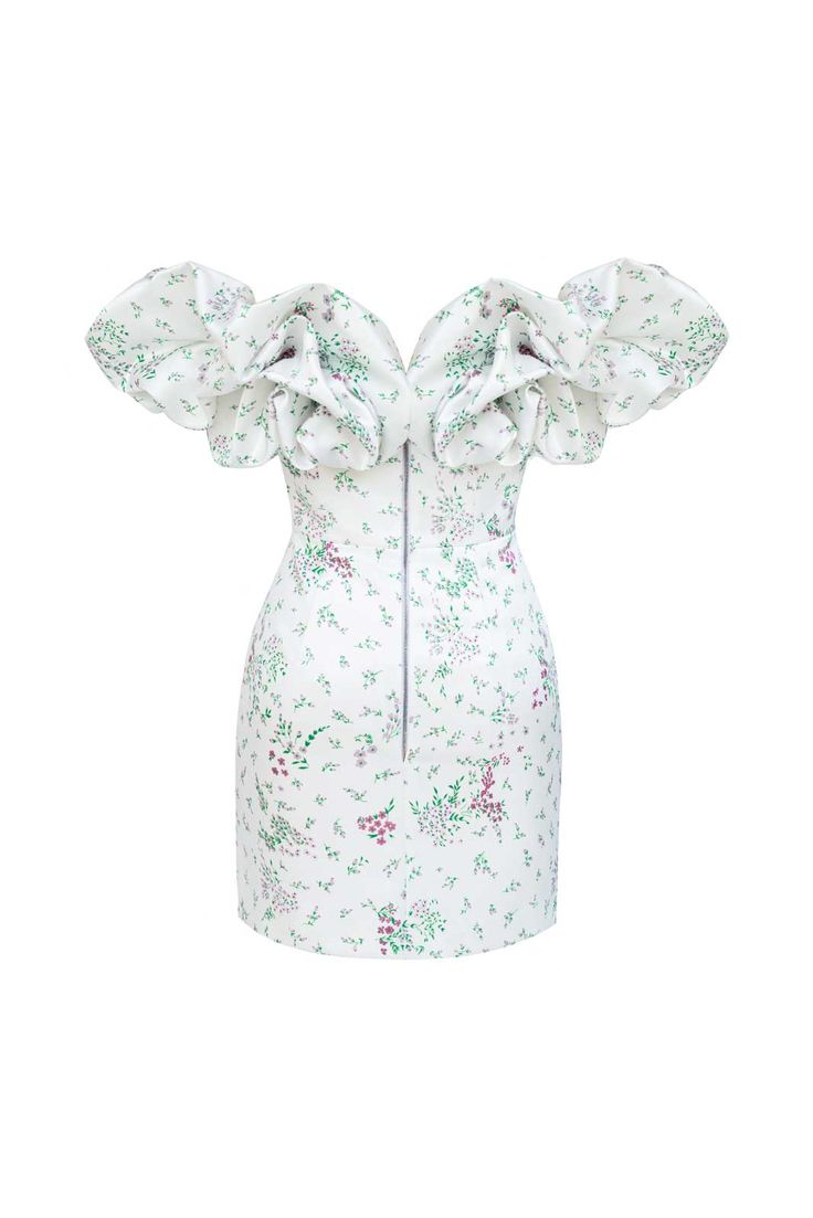 Embrace your femininity wearing our "Meringue" Floral Dress in mini length. Floral print creates such a pleasant and light vibes, flouncing on the top adds a little playfulness to the outfit. The corset makes the dress fit perfectly due to cups and bones. Made of dense fabric it holds its shape well and underlines the body shape. Lined. Satin Long Sleeve, The Outfit, Floral Mini Dress, Body Shape, Meringue, Body Shapes, Dress Collection, Black Floral, Party Outfit