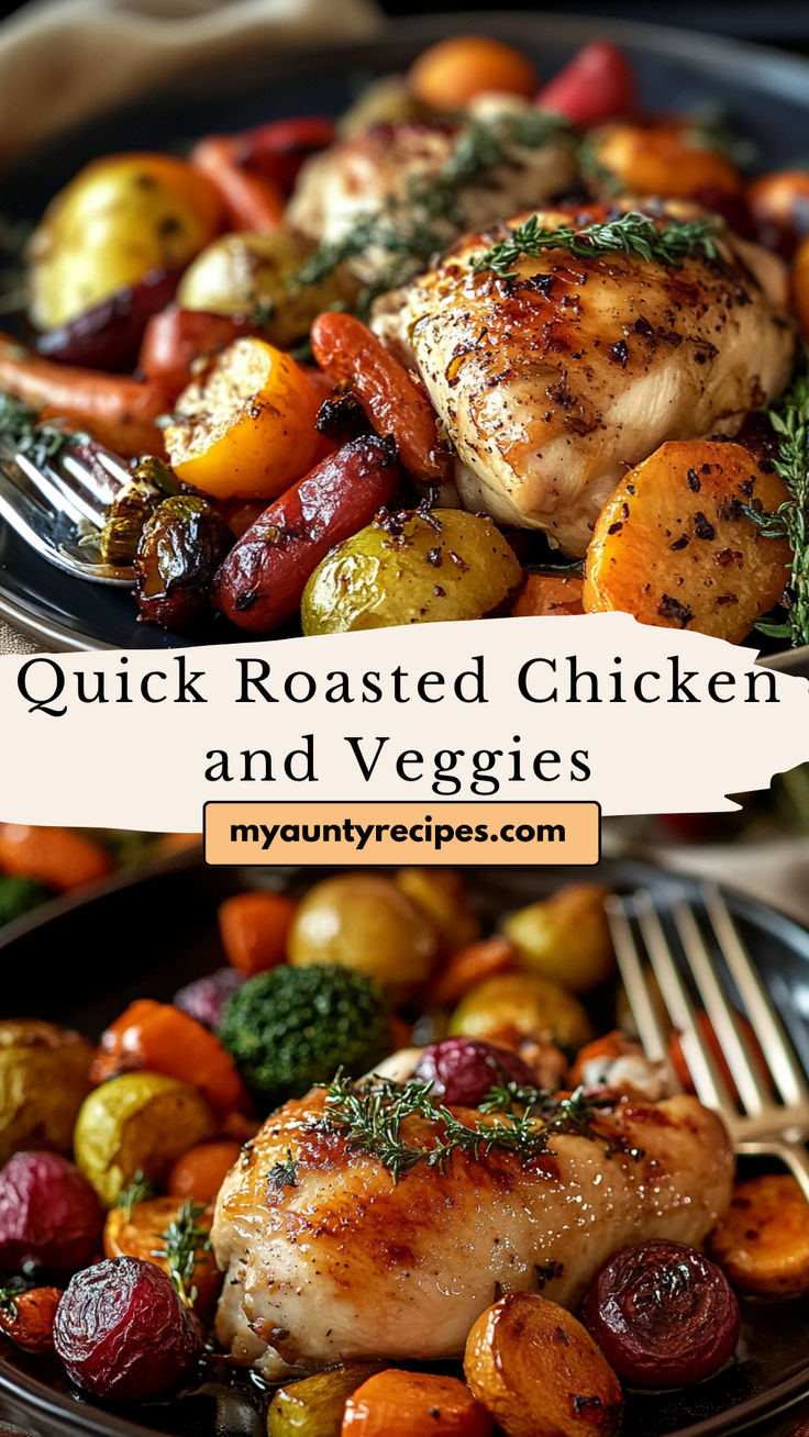 chicken and veggies on a plate next to a fork with the words, quick roasted chicken and veggies