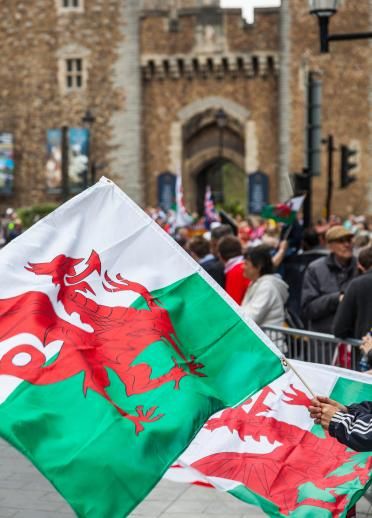 people holding flags in front of a castle