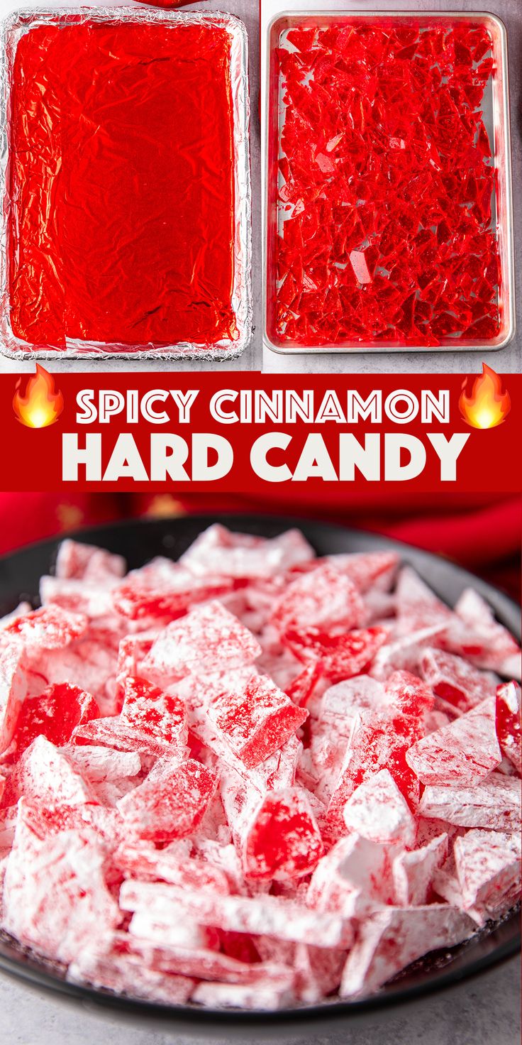 red and white candies in plastic containers with text overlay that reads spicy cinnamon hard candy