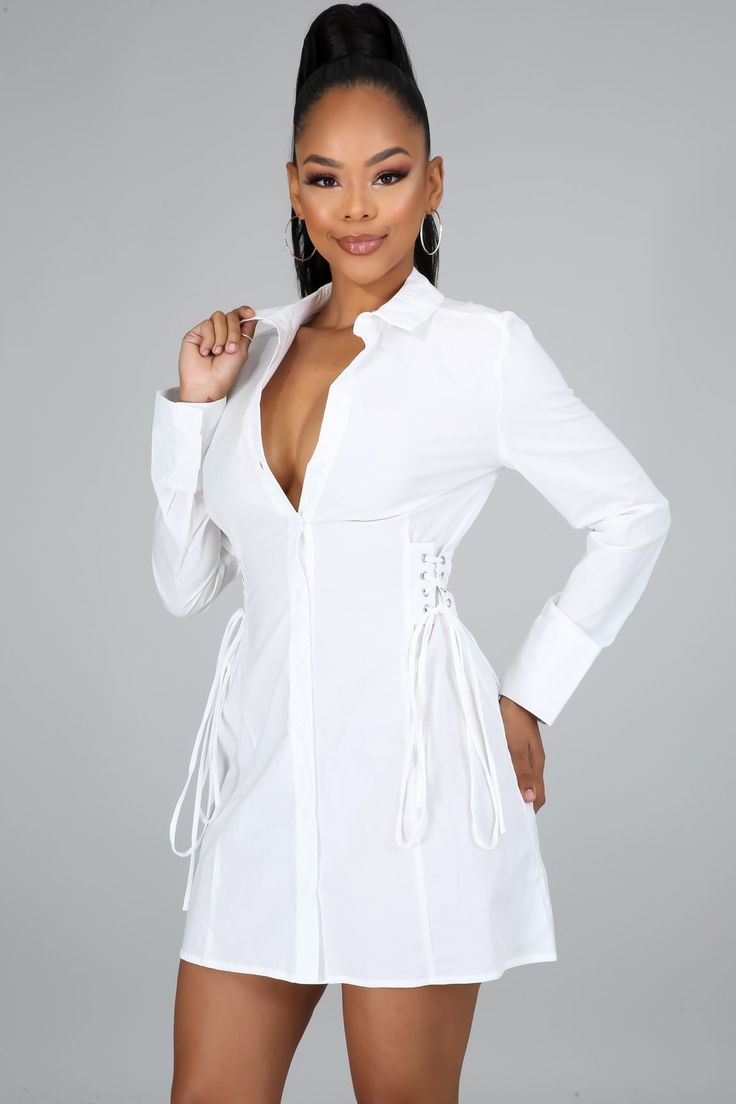 Non stretch dress Long sleeve Collar neck Front button closure Side lace up detail Self tie neckline Front button closure 100% cotton model is wearing Small Classy Makeup, Collar Neck, Shirt Dress Style, Dress Long Sleeve, Stretch Dress, All White, Dress Long, Pretty Outfits, Long Dress