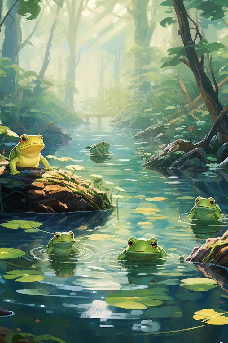 frogs in ponds illustration, studio ghibli, studio ghibli aesthetic, greens, blues, frogs on a log, pond, lily pond, lush forest, nature Pond Reference Drawing, Frog In Water Drawing, Frog In Pond Illustration, Frog Pond Aesthetic, Frog Pond Painting, Frog Pond Illustration, Pond Illustration Art, Pond Landscaping Drawing, Frog Pond Drawing