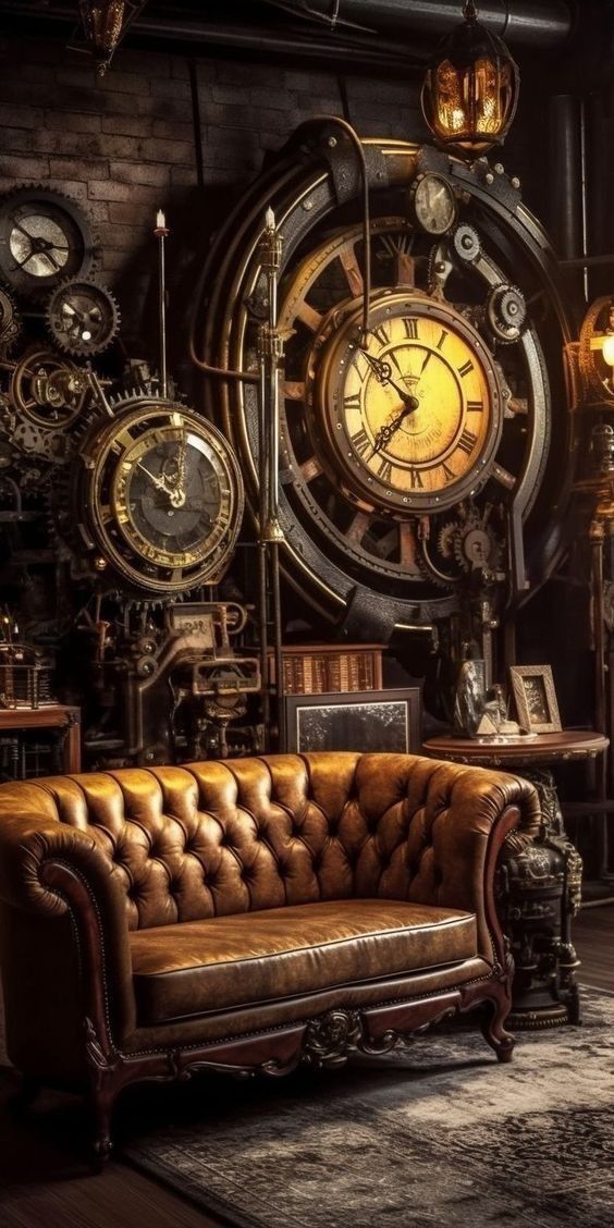 a couch sitting in front of a wall with clocks hanging on it's sides