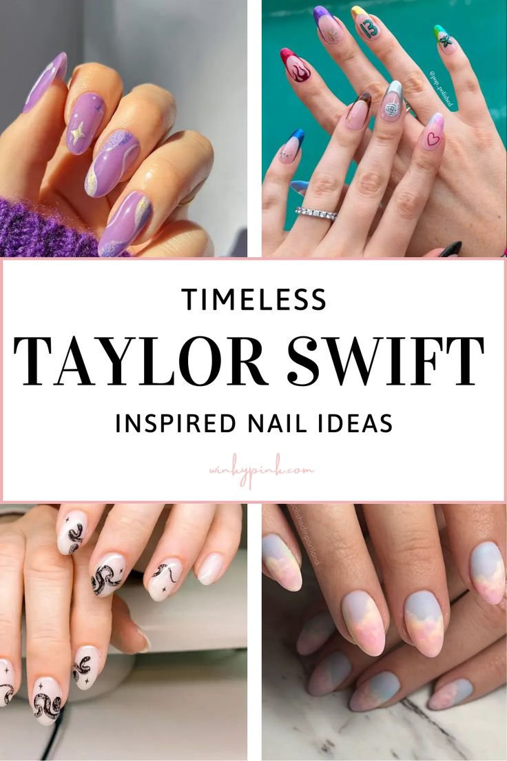 13 TIMELESS TAYLOR SWIFT INSPIRED NAIL DESIGNS | Nail trends, nail ideas, and nail inspo | Viral Nails | Swiftie | Eras Tour Nail Ideas For Eras Tour, Almond Nails Taylor Swift, Eras Tour Gel Nails, 1989 Nails Design Taylor Swift, Eras Tour French Tip Nails, Taylor Swift Dip Nails, 1989 Era Nails, Nail Art Taylor Swift Eras Tour, The Eras Tour Nails Including Ttpd