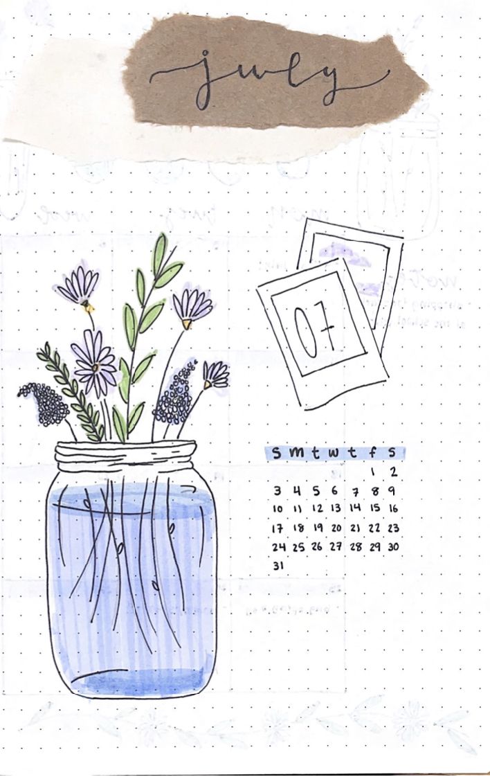 a drawing of a jar filled with flowers on top of a desk next to a calendar