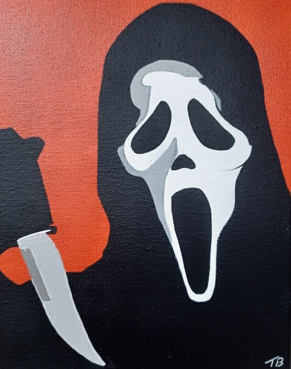 a painting of a person holding a knife in front of a screamy face on a black and orange background