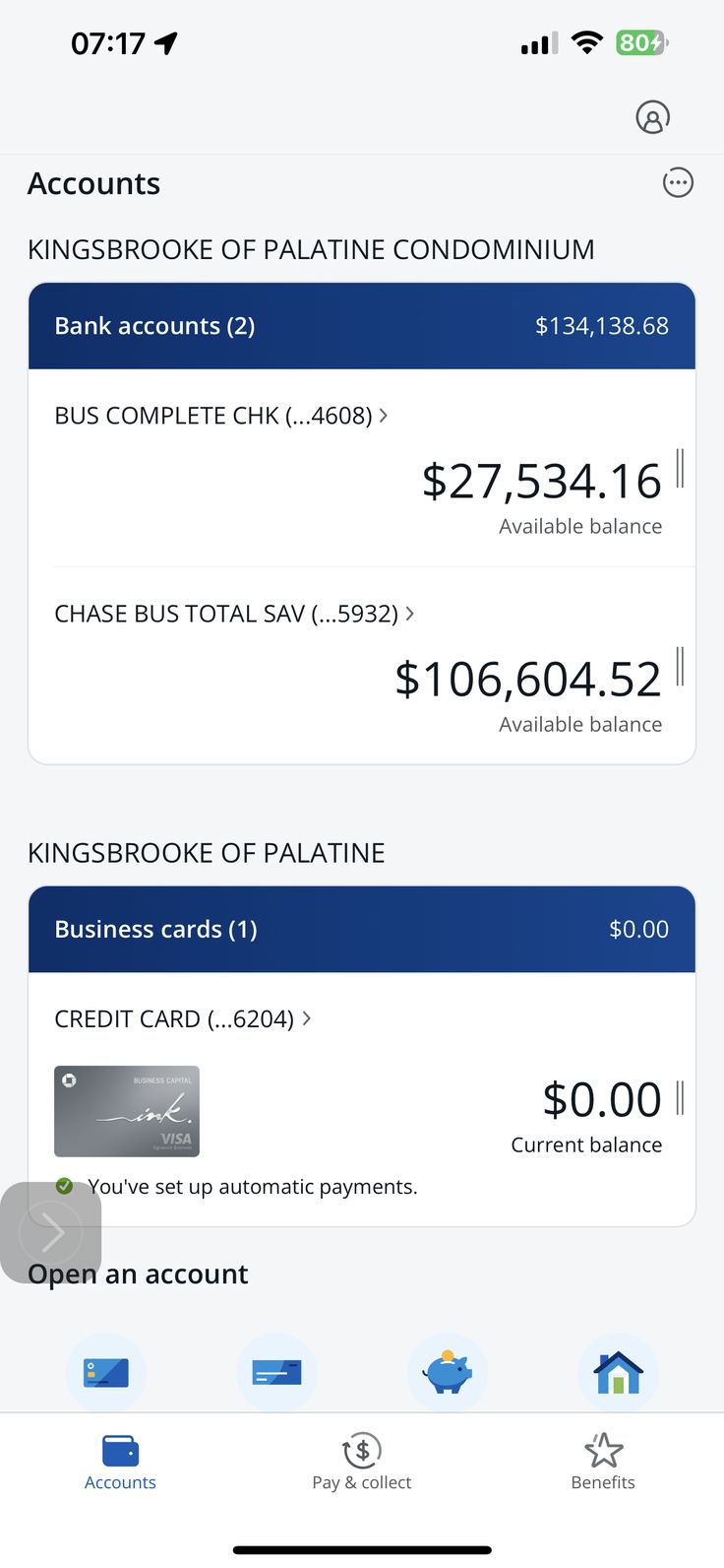 an iphone screen showing the balance and credit card payment options for bank accounts,