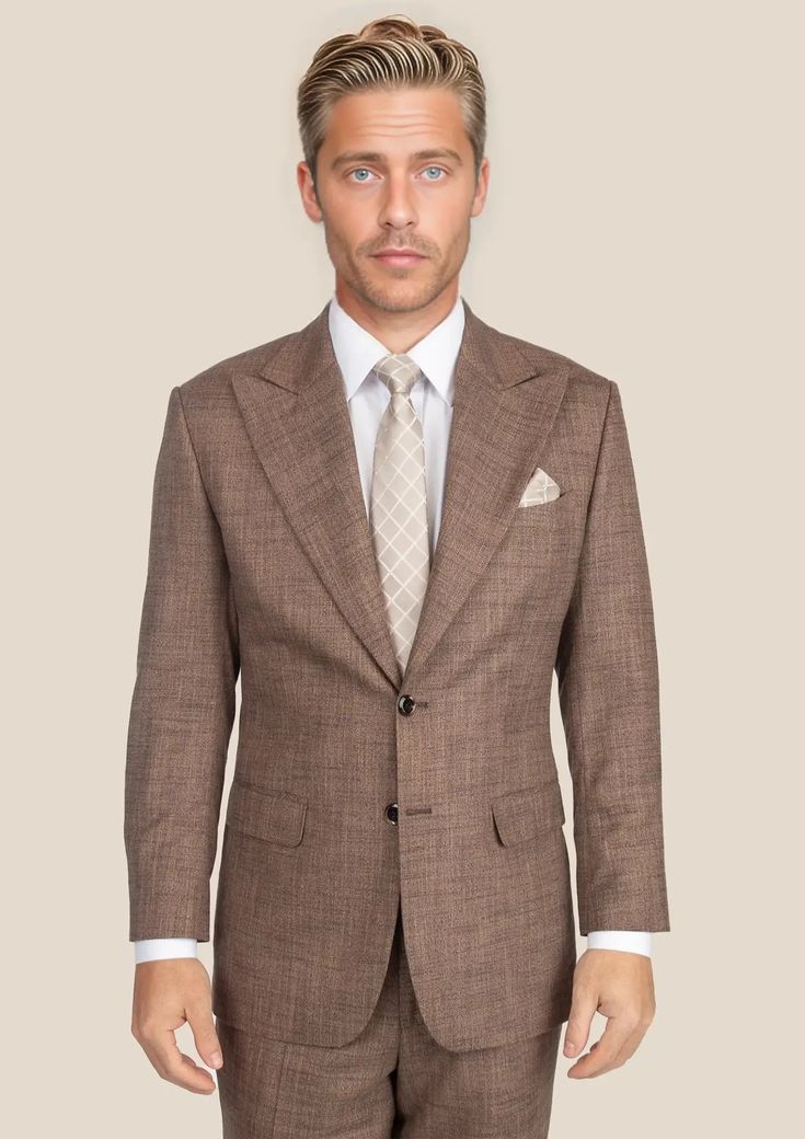 Be the best dressed at your next event with the Tawny Brown Hopsack Suit. This cool and stylish suit exudes elegance and luxury. Custom made from a luxurious bamboo/wool/linen/silk blend from Cavani, you're guaranteed to look as good as you feel. Dress to impress with this must-have suit. Elegant Single Button Linen Sport Coat, Luxury Linen Tweed Jacket With Notch Lapel, Luxury Linen Tweed Jacket For Business, Luxury Linen Business Tweed Jacket, Tailored Luxury Linen Blazer, Elegant Linen Blazer With Suit Collar, Luxury Tailored Linen Blazer, Formal Single Breasted Linen Tweed Jacket, Elegant Brown Three-piece Suit With Single Button