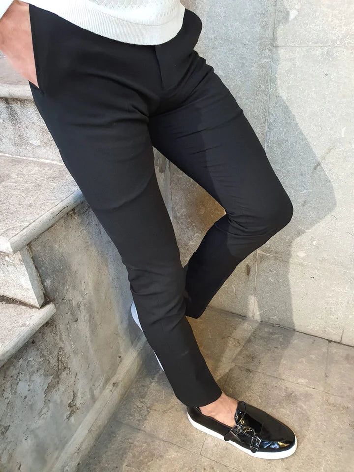 Color Code: Black Pants Material: 65% Viscose, 32% Polyester, 3% Elastane Machine Washable: Yes, But Wash separately Fitting: Slim-Fit Black Slim Fit Pants, Dapper Outfit, Fabric Pants, Code Black, Slim Fit Suits, Men Fashion Casual Outfits, Business Suit, Fit Pants, Slim Fit Pants