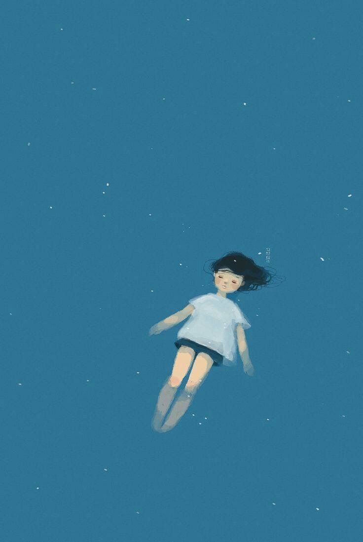 a girl floating in the air with her hair blowing back and looking up at the sky