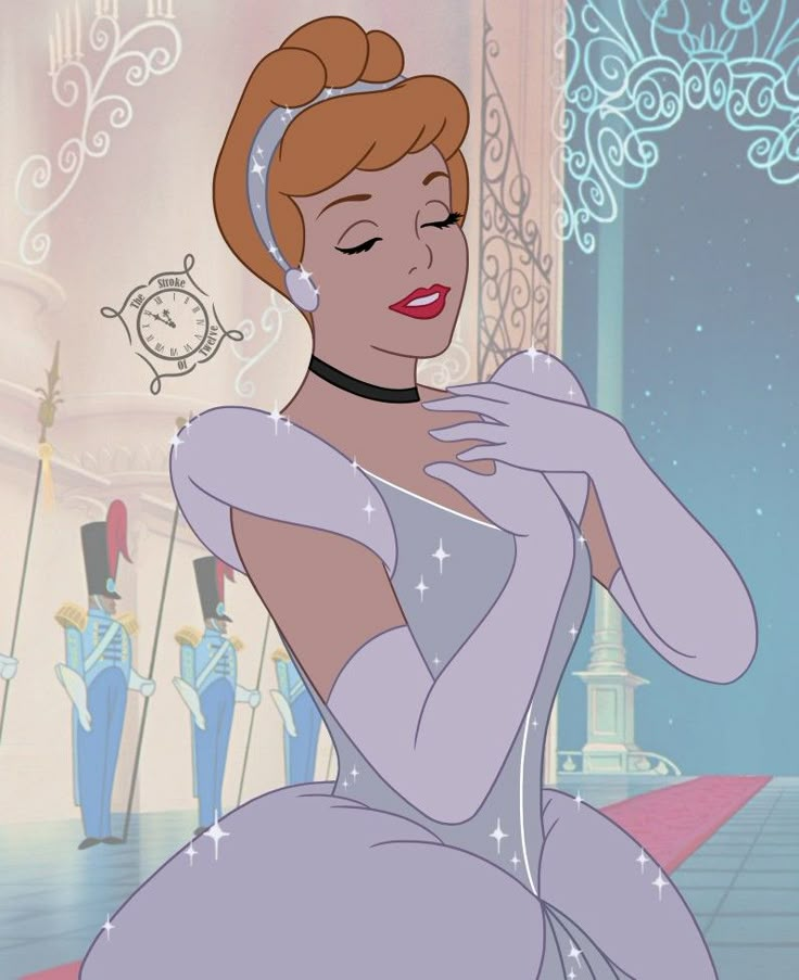 an animated image of a woman in a dress with her hands on her chest, looking at the camera