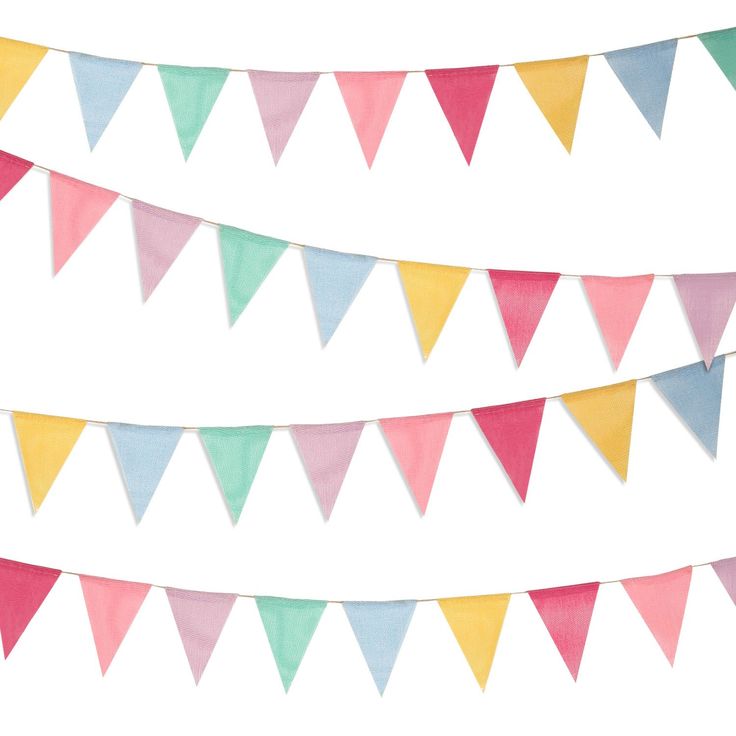 multicolored paper buntings on white background